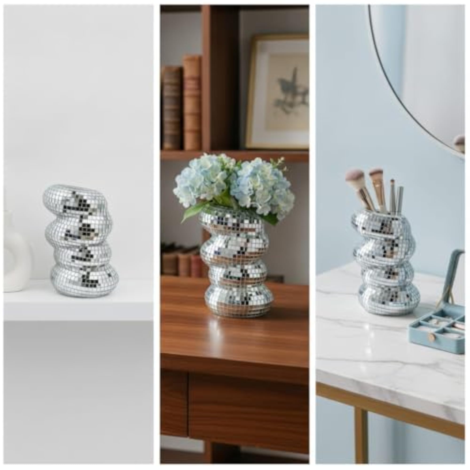 Mirrored Mosaic Silver Holder for Makeup Brushes, Decorative